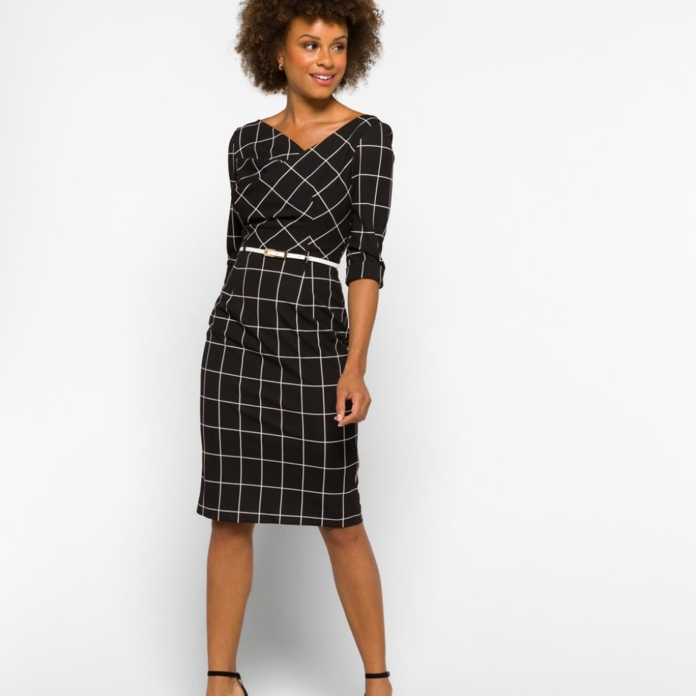 Black Halo checkered Jackie O Belted Sheath
